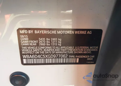 2016 BMW 650I Gran Coupe z USA, uszkodzony, nr VIN WBA6D4C5XGD977062